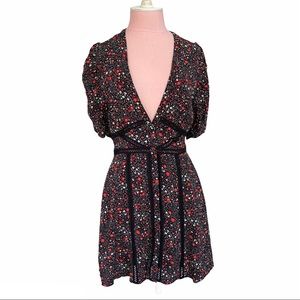 Free People Black Floral Mini Dress with Red and White Accents